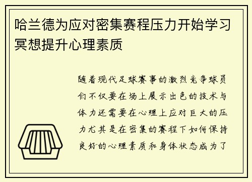 哈兰德为应对密集赛程压力开始学习冥想提升心理素质 哈兰德为应对密集赛程压力开始学习冥想提升心理素质