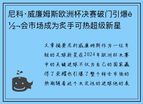 尼科·威廉姆斯欧洲杯决赛破门引爆转会市场成为炙手可热超级新星 尼科·威廉姆斯欧洲杯决赛破门引爆转会市场成为炙手可热超级新星